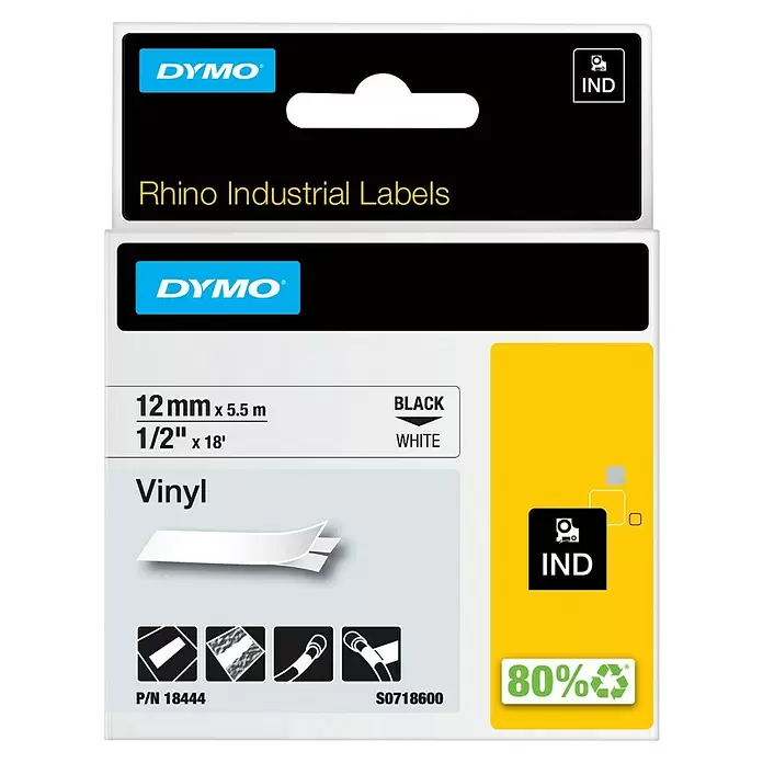 Dymo Cinta para etiquetado Rhino - L x An: 5,5 m x 12 mm, Color presión: Negro, Color cinta: Blanco, Vinilo - Vista frontal