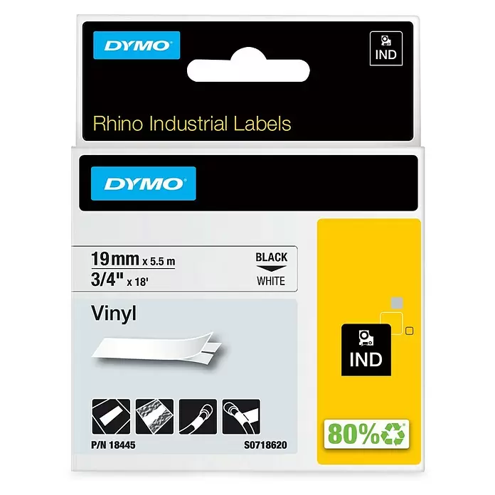 Dymo Cinta para etiquetado Rhino - L x An: 5,5 m x 19 mm, Color presión: Negro, Color cinta: Blanco, Vinilo - Vista frontal