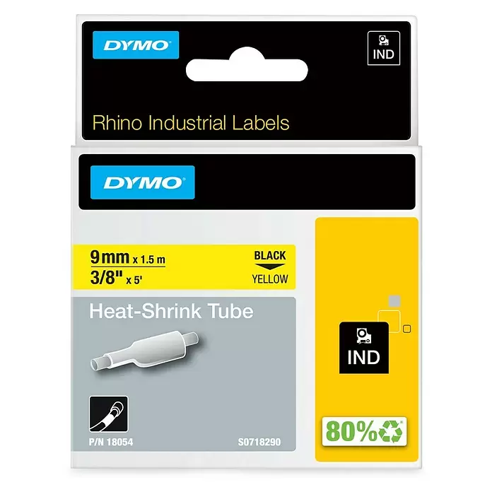 Dymo Cinta para etiquetado Rhino - L x An: 1,5 m x 9 mm, Color presión: Negro, Color cinta: Amarillo, Poliolefina termoplástica - Vista frontal