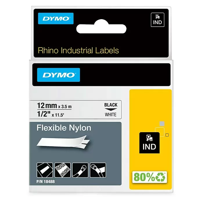 Dymo Cinta para etiquetado Rhino - L x An: 3,5 m x 12 mm, Color presión: Negro, Color cinta: Blanco, Nylon - Vista frontal
