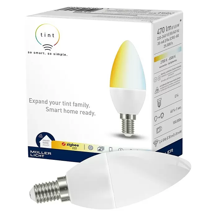 Müller-Licht Tint LED-Leuchtmittel - E14, 6 W, C35, 470 lm, Einstellbare Farbtemperatur - Diagonale Ansicht