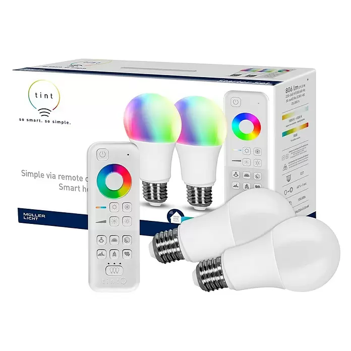 Müller-Licht Tint LED-Leuchtmittel-Set - E27, 9,5 W, A60, 806 lm, Mit Fernbedienung - Diagonale Ansicht