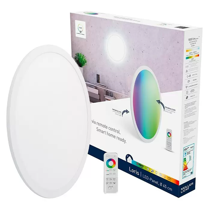 Müller-Licht Tint LED-Panel rund Tint Loris - 30 W, Ø x H: 450 mm x 5,1 cm, Weiß, Warmweiß - Diagonale Ansicht