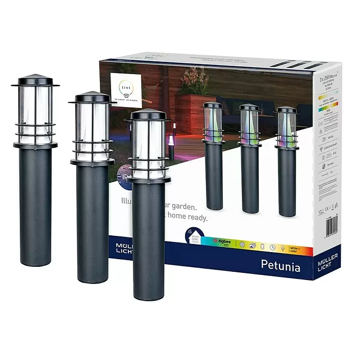Müller-Licht Tint LED-Wegeleuchte Tint Petunia 3er-Set - 14 W, Schwarz, Höhe: 35 cm, RGBW - Diagonale Ansicht
