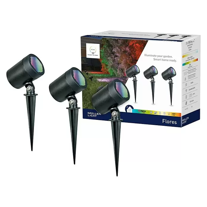 Müller-Licht Tint LED-Gartenspot-Set Tint Flores RGBW 3er-Set - 13 W, Schwarz, RGBW, Höhe: 19,5 cm - Diagonale Ansicht