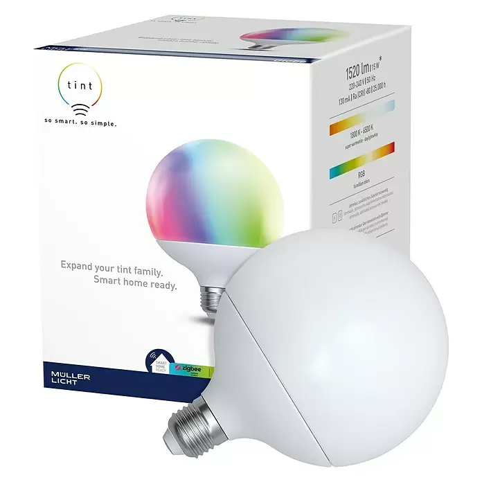 Müller-Licht Tint LED-Leuchtmittel Globe - E27, 15 W, G120, 1.520 lm, RGBW - Diagonale Ansicht