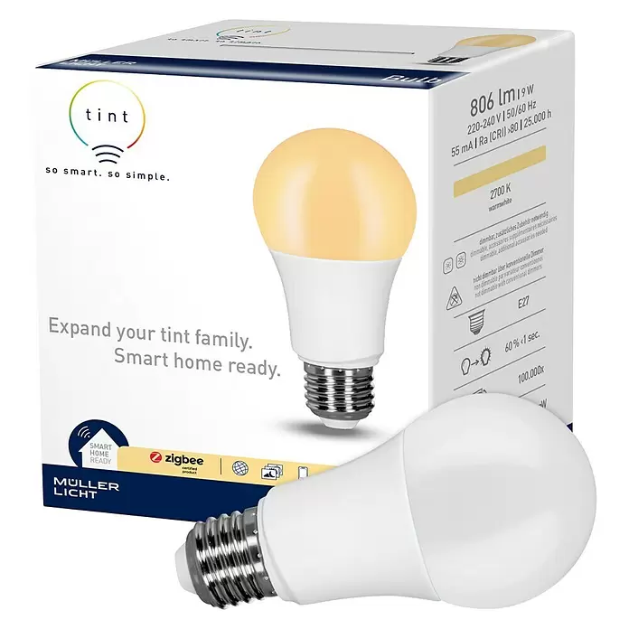 Müller-Licht Tint LED-Leuchtmittel - E27, 9 W, A60, 806 lm, Warmweiß - Diagonale Ansicht
