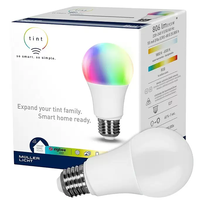 Müller-Licht Tint LED-Leuchtmittel - E27, 9,5 W, A60, 806 lm, RGBW - Diagonale Ansicht