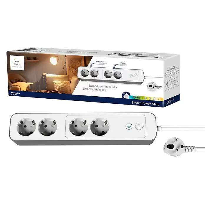 Müller-Licht Tint Smart-Steckdosenleiste - 4-fach, Weiß, Kabellänge: 1,8 m, 3.680 W - Diagonale Ansicht