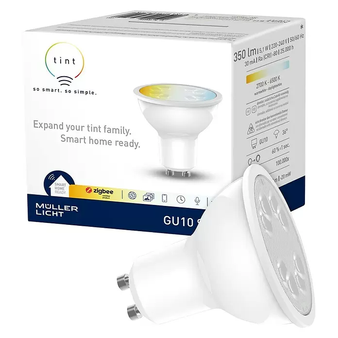 Müller-Licht Tint LED-Leuchtmittel - GU10, 5,1 W, 350 lm, Einstellbare Farbtemperatur - Diagonale Ansicht