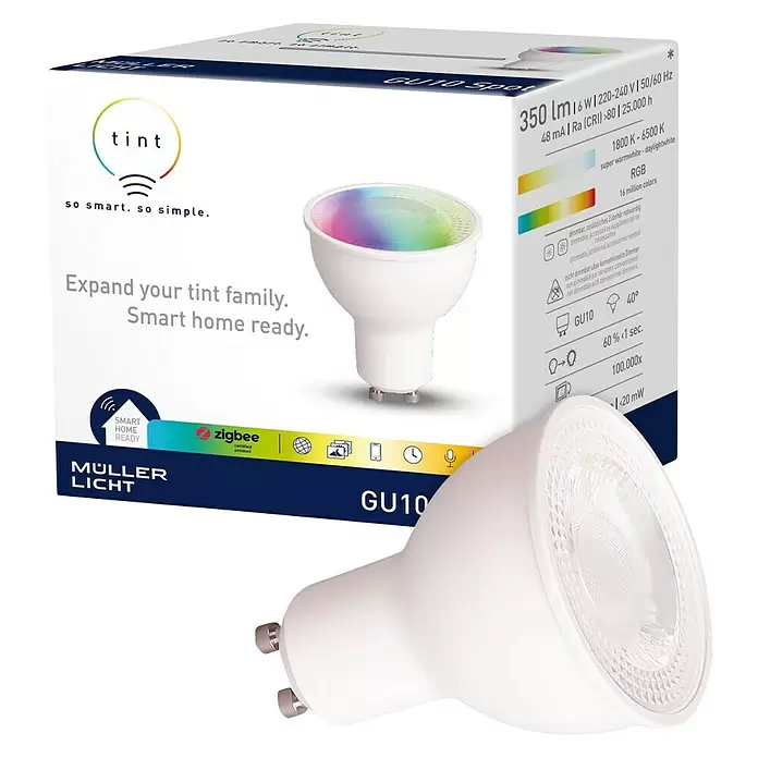 Müller-Licht Tint LED-Leuchtmittel - GU10, 6 W, 350 lm, RGBW - Diagonale Ansicht