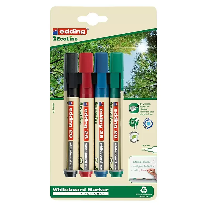 Edding Whiteboardmarker 28 Ecoline - Strichstärke: 1,5 mm - 3 mm, Rundspitze, Schwarz/Rot/Blau/Grün - Vorderansicht