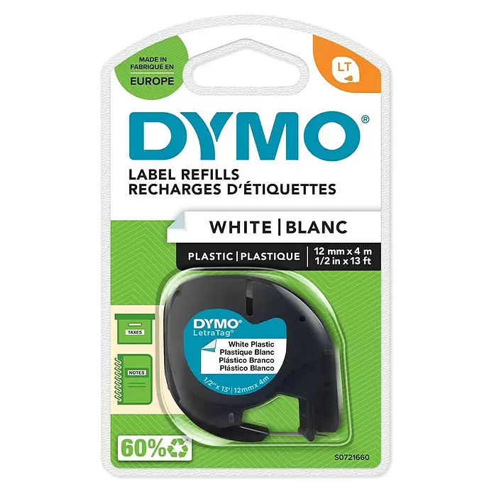 Dymo Cinta para etiquetado LetraTag - L x An: 12 m x 4 mm, Color presión: Negro, Color cinta: Blanco, Plástico - Vista frontal