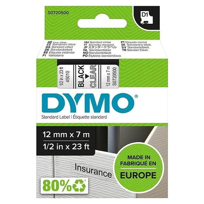 Dymo Cinta para etiquetado D1 - L x An: 7 m x 12 mm, Color presión: Negro, Color cinta: Transparente, Plástico - Vista frontal