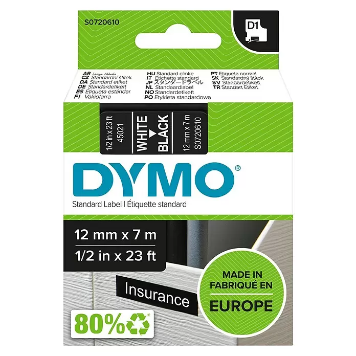 Dymo Cinta para etiquetado D1 - L x An: 7 m x 12 mm, Color presión: Blanco, Color cinta: Negro, Plástico - Vista frontal