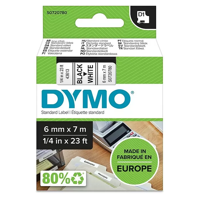 Dymo Cinta para etiquetado D1 - L x An: 7 m x 6 mm, Color presión: Blanco, Color cinta: Negro, Plástico - Vista frontal