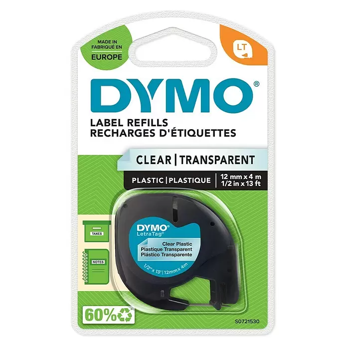 Dymo Cinta para etiquetado LetraTag - L x An: 12 m x 4 mm, Color presión: Negro, Color cinta: Transparente, Plástico - Vista frontal