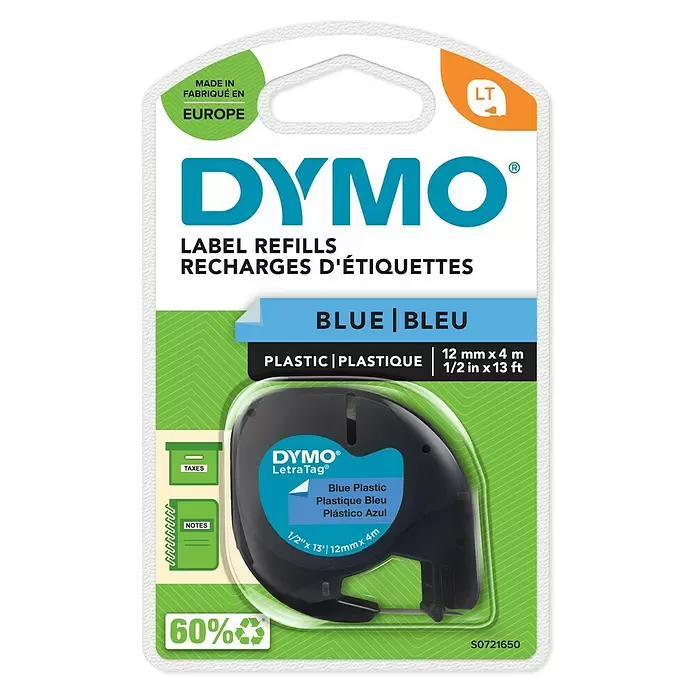 Dymo Cinta para etiquetado LetraTag - L x An: 12 m x 4 mm, Color presión: Negro, Color cinta: Azul, Plástico - Vista frontal