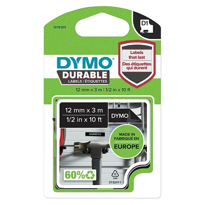 Dymo Cinta para etiquetado D1 Durable - L x An: 3 m x 12 mm, Color presión: Negro, Color cinta: Blanco, Plástico - Vista frontal