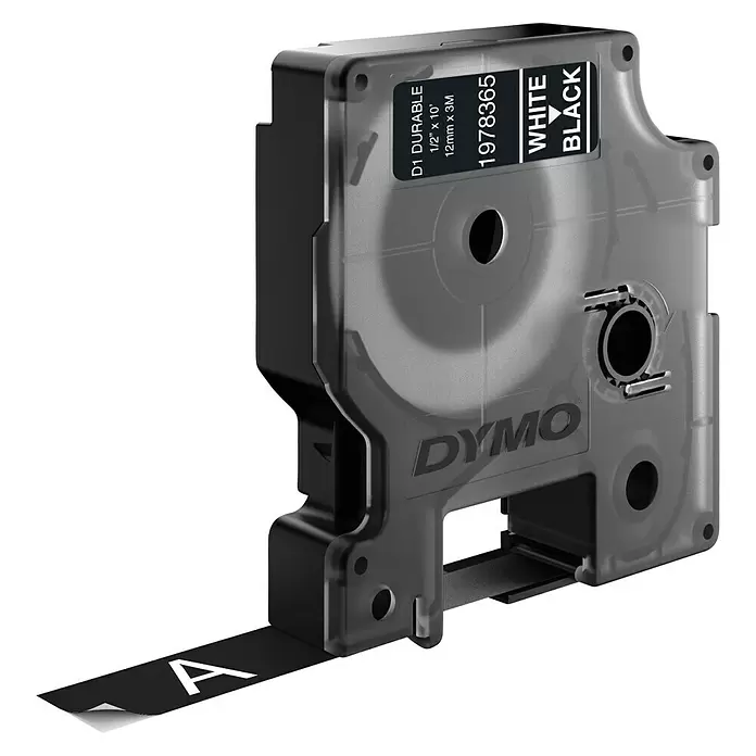 Dymo Cinta para etiquetado D1 Durable - L x An: 3 m x 12 mm, Color presión: Negro, Color cinta: Blanco, Plástico - Vista angular