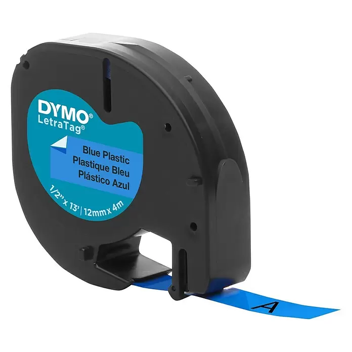 Dymo Cinta para etiquetado LetraTag - L x An: 12 m x 4 mm, Color presión: Negro, Color cinta: Azul, Plástico - Vista angular