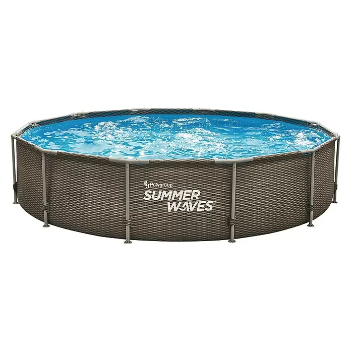 Frame-Pool-Set Rattan Optik - Ø x H: 366 x 76 cm, 4.792 l, Braun, Dekor: Rattan - Vorderansicht