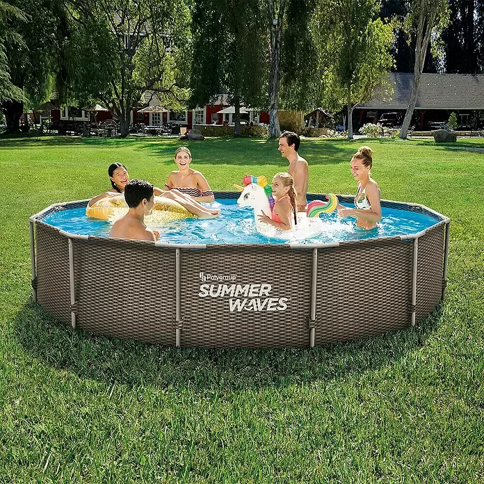 Frame-Pool-Set Rattan Optik - Ø x H: 366 x 76 cm, 4.792 l, Braun, Dekor: Rattan - Anwendungsbeispiel