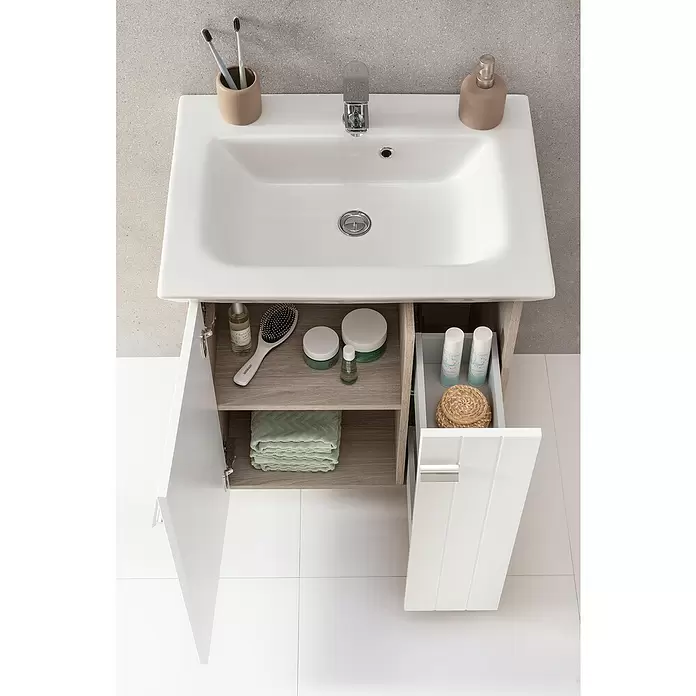 Camargue Polar Waschtischunterschrank - 59 x 46 x 70 cm, 1 Tür, Eiche Weiß - Stimmungsaufnahme