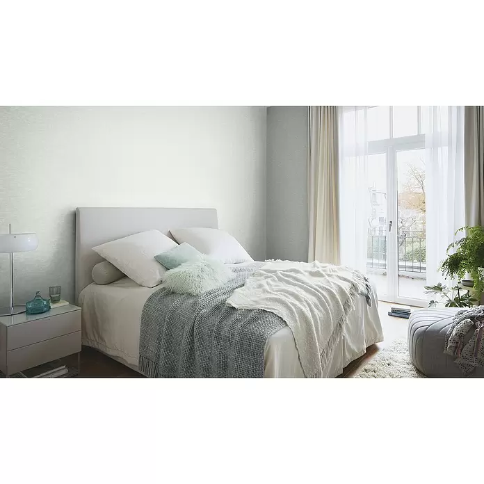 Rasch Saphira Vliestapete I - Blaugrau, Uni, 10,05 x 0,53 m - Stimmungsaufnahme