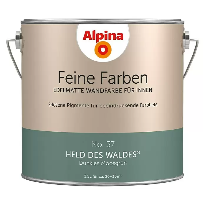 Alpina Wandfarbe Feine Farben - 2,5 l, Held des Waldes, No. 37 - Dunkles Moosgrün, Matt - Vorderansicht