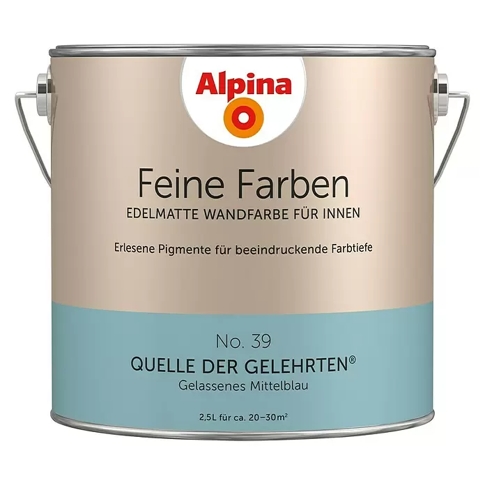 Alpina Wandfarbe Feine Farben - 2,5 l, Quelle der Gelehrten, No. 39 - Gelassenes Mittelblau, Matt - Vorderansicht