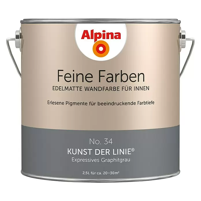 Alpina Wandfarbe Feine Farben - 2,5 l, Kunst der Linie, No. 34 - Expressives Graphitgrau, Matt - Vorderansicht
