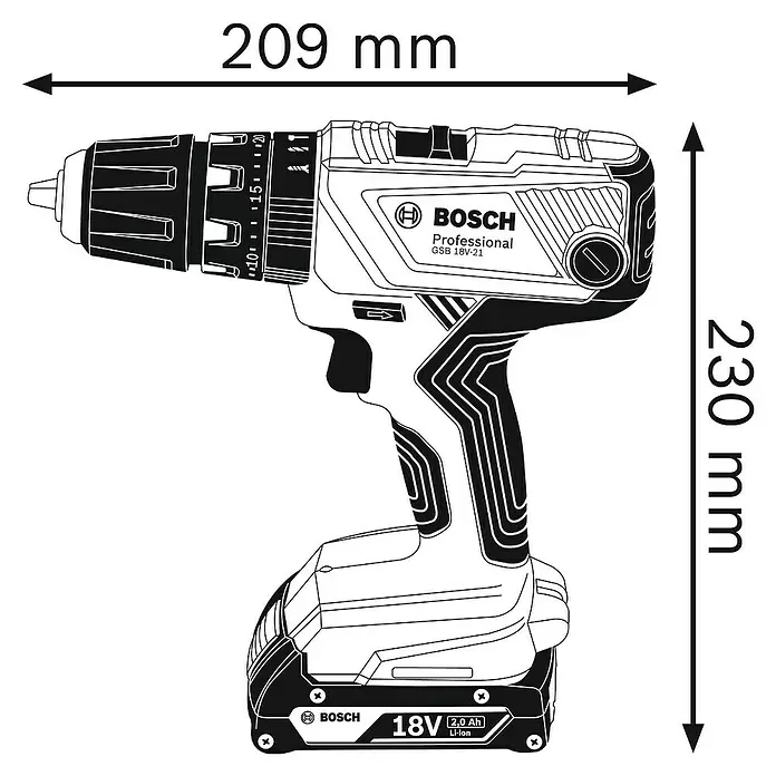 Bosch Professional Akku-Schlagbohrschrauber GSB 18V-21 - 18 V, Ohne Akku, Leerlaufdrehzahl: 0 U/min - 1.800 U/min - Skizze