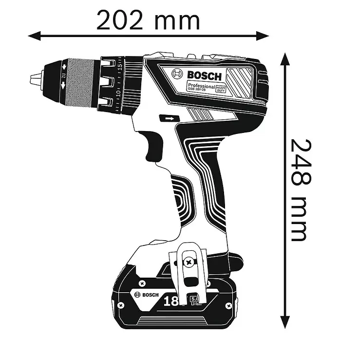 Bosch Professional Akku-Schlagbohrschrauber GSB 18V-28 - 18 V, 2 Akkus, 2 Ah - 4 Ah, Leerlaufdrehzahl: 1.900 U/min, Zubehör: 82 -tlg. - Skizze
