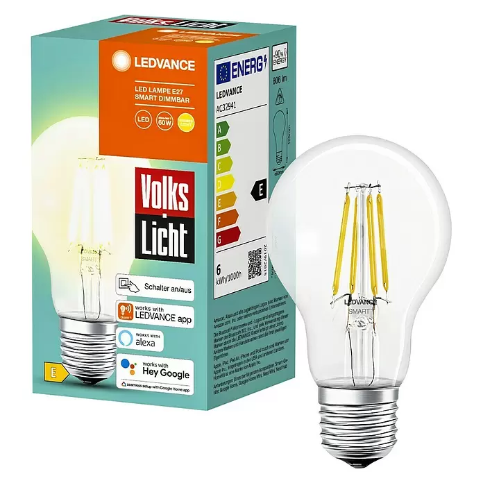 Ledvance Smart+ Bluetooth LED-Leuchtmittel Volkslicht - E27, 6 W, A60, 806 lm - Diagonale Ansicht