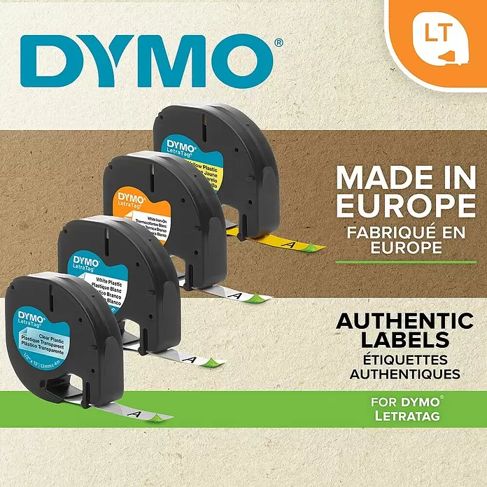 Dymo Cinta para etiquetado LetraTag - L x An: 12 m x 4 mm, Color presión: Negro, Color cinta: Blanco, Papel - Producto en uso