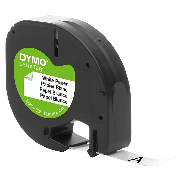 Dymo Cinta para etiquetado LetraTag - L x An: 12 m x 4 mm, Color presión: Negro, Color cinta: Blanco, Papel - Vista angular