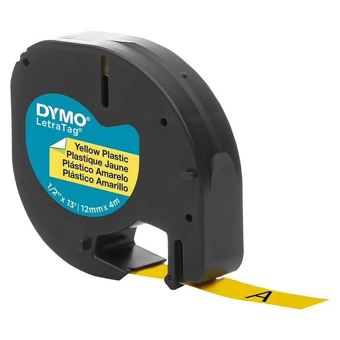 Dymo Cinta para etiquetado LetraTag - L x An: 12 m x 4 mm, Color presión: Negro, Color cinta: Amarillo, Plástico - Vista angular