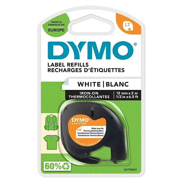 Dymo Cinta para etiquetado LetraTag - L x An: 12 m x 2 mm, Color presión: Negro, Color cinta: Blanco, Textil - Vista superior