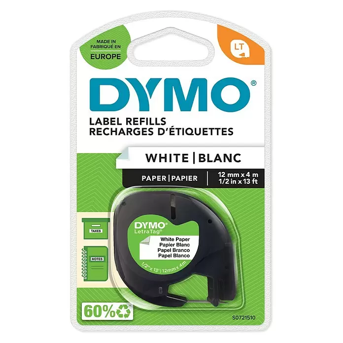 Dymo Cinta para etiquetado LetraTag - L x An: 12 m x 4 mm, Color presión: Negro, Color cinta: Blanco, Papel - Vista superior
