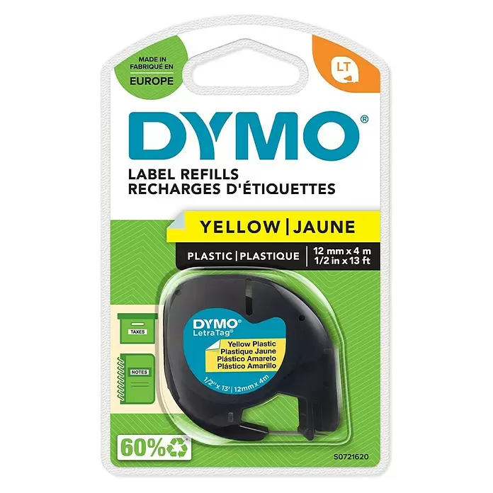 Dymo Cinta para etiquetado LetraTag - L x An: 12 m x 4 mm, Color presión: Negro, Color cinta: Amarillo, Plástico - Vista superior