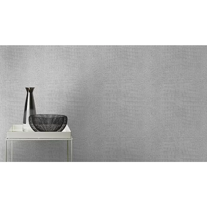 Rasch Mandalay Vliestapete Kroko - Grauglanz, Tieroptik, 10,05 x 0,53 m - Stimmungsaufnahme