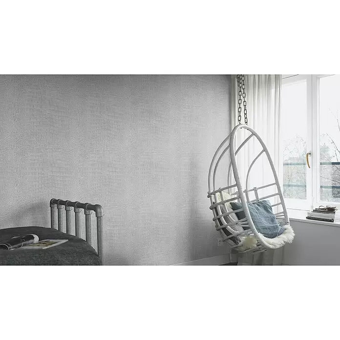 Rasch Mandalay Vliestapete Kroko - Grauglanz, Tieroptik, 10,05 x 0,53 m - Stimmungsaufnahme