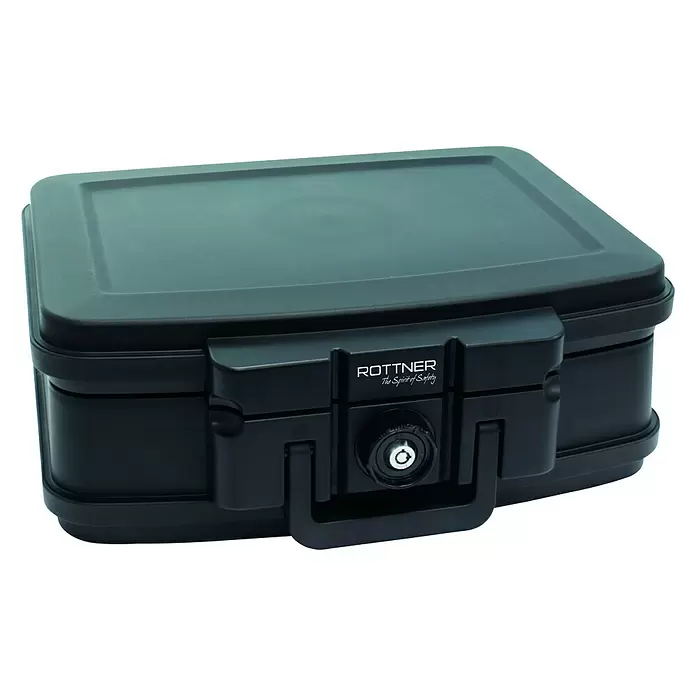 Rottner Dokumentenkassette Firedatabox 2 - L x B x H: 348 x 226 x 94 mm, Brandbeständig, Schwarz - Diagonale Ansicht