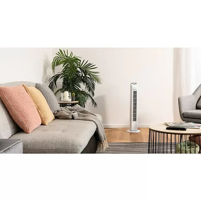 PR Klima Ventilador de torre Comfort Tower I - Blanco, 78 cm, 50 W, 258 m³/h, Temporizador - Foto ambiente