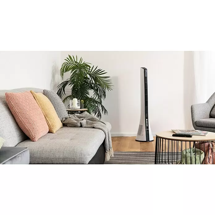 PR Klima Ventilador de torre - Blanco/Negro, 40 W, Altura: 110 cm, Con mando a distancia - Foto ambiente