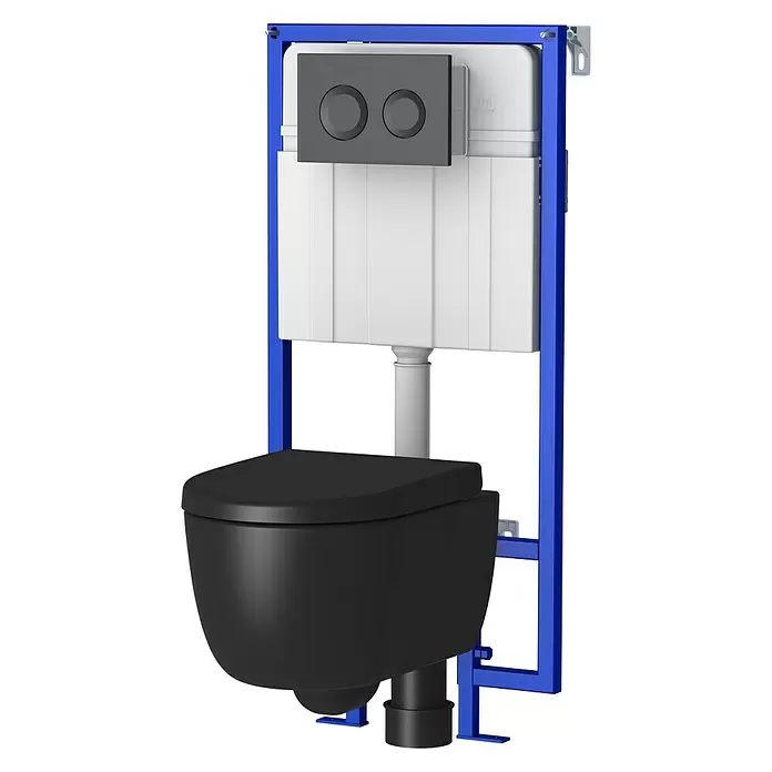 Allibert Spoelrandloos wandtoiletset Kastelo - Drukplaat, Mat zwart - Diagonaal zicht