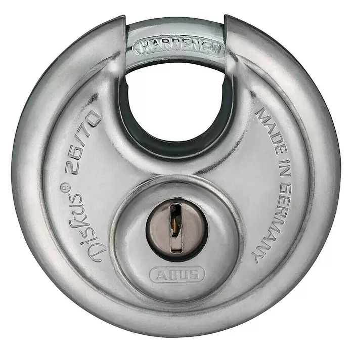 Abus Diskusschloss 26/70B - B x H: 70 x 70 mm, Bügelstärke: 10 mm, Edelstahl - Vorderansicht