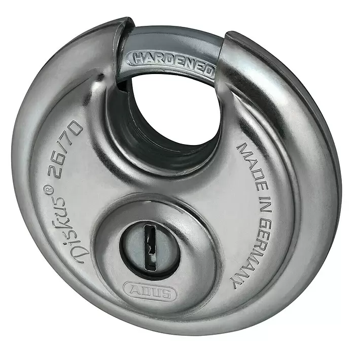 Abus Diskusschloss 26/70B - B x H: 70 x 70 mm, Bügelstärke: 10 mm, Edelstahl - Diagonale Ansicht