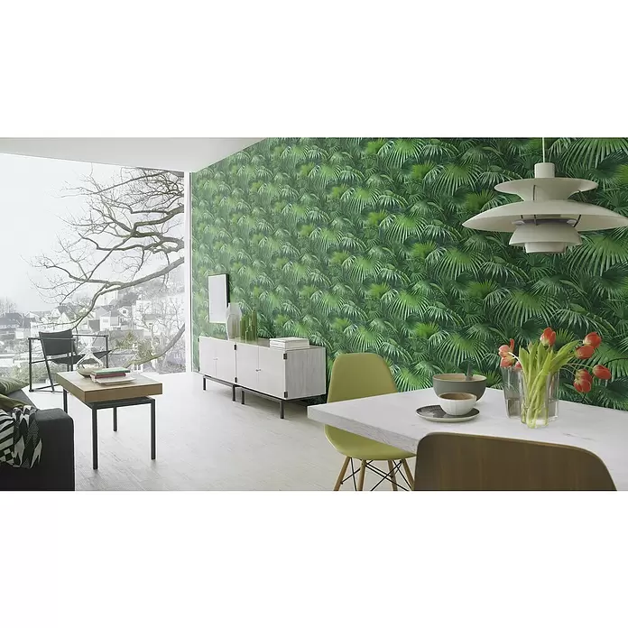 Rasch Crispy Paper Vliestapete Dschungel - Grün, Floral, 10,05 x 0,53 m - Stimmungsaufnahme